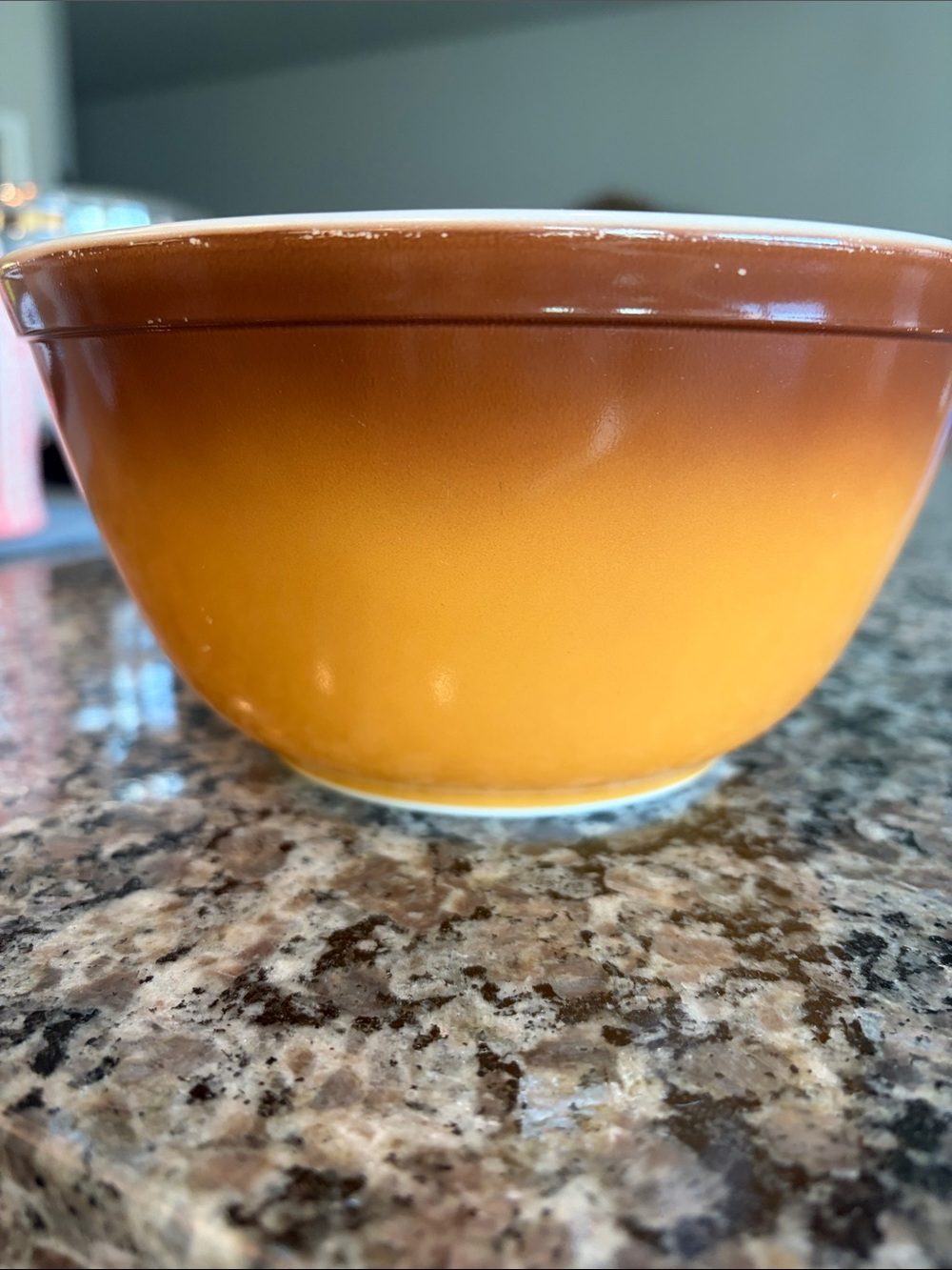 Vintage Pyrex #402 1.5 qt Two-Tone Brown and Orange Mixing Bowl